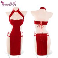 Feimu New Year Silk Velvet Cheongsam Lingerie - Sexy Costume Sleepwear with High Slit for Women thumbnail