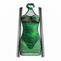 Feiniao Moonlight Snake-Themed Lingerie Set - Bamboo Green Sheer Qipao Halter Bodycon Dress thumbnail