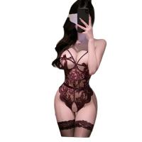 Flirty Lace Lingerie Set for Women – Sexy Pure-Delight Erotic Underwear with Sheer Mesh & Insertable Thigh-High Stocking thumbnail