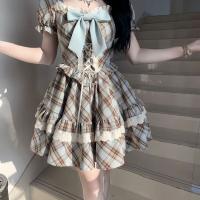 French Retro Square-Neck Puff Sleeve Dress - Sweet Summer Plaid Princess Dress with Bow Detail thumbnail