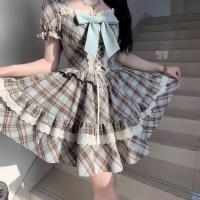 French Retro Square-Neck Puff Sleeve Dress - Sweet Summer Plaid Princess Dress with Bow Detail thumbnail