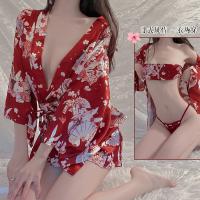 Gioruo Sexy Deep V Lingerie Set - Japanese Print Kimono Style Bedroom Outfit, Thin & Alluring thumbnail