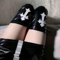 Glowing Punk Knee-High Leg Sleeves - Shiny Patent Leather Anime Cosplay Thigh Highs with Cross Detail thumbnail