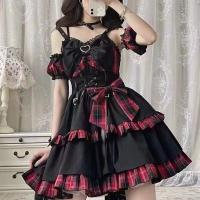 Gothic Rock Lolita Strap Dress – Dark Twin Black & Red or Black & Blue Lace-Trimmed Vest Dress thumbnail