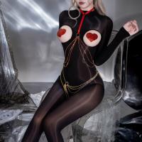 Guiyun Sexy Sheer Shiny Bodysuit - Ultra-Thin Oil-Shine Black Fishnet Tights with Open-Crotch & Seamless Chest Cutout thumbnail