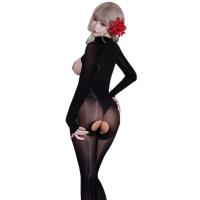 Guiyun Sexy Sheer Shiny Bodysuit - Ultra-Thin Oil-Shine Black Fishnet Tights with Open-Crotch & Seamless Chest Cutout thumbnail