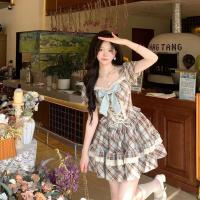 Hazelnut Latte Plaid Wrap Waist Dress with Bow - Summer Slim-Fit Short Dress for Petite Women thumbnail