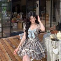 Hazelnut Latte Plaid Wrap Waist Dress with Bow - Summer Slim-Fit Short Dress for Petite Women thumbnail