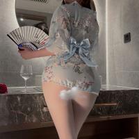 Japanese-Inspired Sexy Yami-Kawaii Kimono Sleep Dress – Floral Chiffon Robe with Bow Detail for Women thumbnail