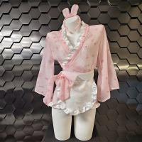 Japanese Kawaii Bunny Kimono Robe - Sexy Lace Sleepwear with Bow & Floral Print, Pure & Alluring Lingerie Set thumbnail