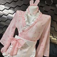 Japanese Kawaii Bunny Kimono Robe - Sexy Lace Sleepwear with Bow & Floral Print, Pure & Alluring Lingerie Set thumbnail