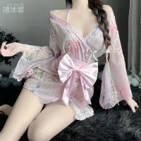 Japanese Kimono-Style Lingerie Set - Sheer Open Robe, Floral Embroidered Bra & Panty, Butterfly-Themed Seductive Outfit thumbnail