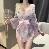 Japanese Kimono Sleepwear Set - Sexy Lace Yuki Robe & Bow Pajamas for Women, Adult Costume Lounge Wear thumbnail