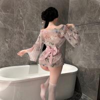 Japanese-Style Sexy Kimono Lingerie Set – Sheer Chiffon Open Robe with Floral Embroidery & Matching Bra Brief thumbnail