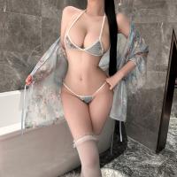Japanese-Style Sexy Kimono Lingerie Set – Sheer Chiffon Open Robe with Floral Embroidery & Matching Bra Brief thumbnail