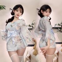 Japanese-Style Sexy Lace Kimono Robe Set with Embroidery & Bow Detail - Seductive Sleepwear Outfit thumbnail
