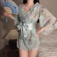 Japanese-Style Sexy Lace Kimono Robe Set - Sheer Chiffon Three-Piece Outfit with Floral Print & Hot Uniform Design thumbnail