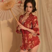 Japanese-Style Sexy Lingerie Set - Deep V Kimono Bathrobe Outfit with Alluring Floral Print thumbnail