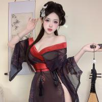 Japanese-Style Sexy Lingerie Kimono Set - Pure & Tempting No-Remove Sleepwear in Black with Floral Print thumbnail