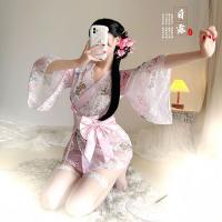 Japanese-Style Sexy Lingerie Set - Sheer Chiffon Kimono Robe & Matching Thong Bralette Outfit thumbnail