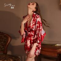 Kuoruo Sexy Kimono-Style Lingerie Set - Satin Open-Front Printed Role Play Outfit for Women thumbnail