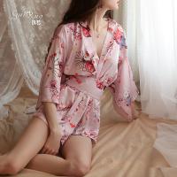 Kuoruo Sexy Kimono-Style Lingerie Set - Satin Open-Front Printed Role Play Outfit for Women thumbnail