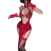 Lace Cut-Out Cheongsam Sleepwear Set - Sexy Sheer Halter Neck Lingerie for Women, Pure & Tempting Nightwear thumbnail