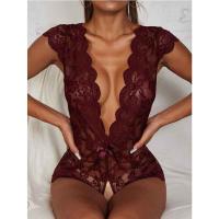 Wholesale Lace Deep V-Back Seductive Sleepwear - Erotic Lingerie Set with Sheer Cutouts & Floral Trim thumbnail