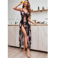 Lace Trim Strap Nightgown - Sexy Sheer Split Front Sleepwear with Floral Print,Europe and America-Inspired Erotic Linger thumbnail