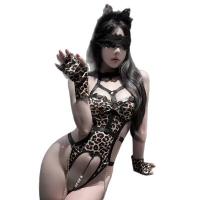 Leopard Print Lingerie Set - Busty Sexy Bondage-Style Open-Crotch Bodysuit with Sheer Cutouts thumbnail
