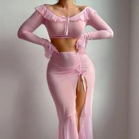 European Fashion Sheer Mesh Lotus Off-Shoulder Long Sleeve Split Bodycon Lingerie Set thumbnail