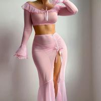 European Fashion Sheer Mesh Lotus Off-Shoulder Long Sleeve Split Bodycon Lingerie Set thumbnail