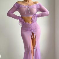 European Fashion Sheer Mesh Lotus Off-Shoulder Long Sleeve Split Bodycon Lingerie Set thumbnail