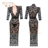 Feimu Deep V Lace Sheer Long Dress - Sexy Open-Crotch Sleepwear, No-Remove Seductive Lingerie thumbnail