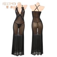 Feimulei Lace Mesh Sheer Long Dress - Seductive Pure-Yet-Alluring Sleep Gown with Deep V-Neck & Sensual Transparency thumbnail