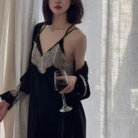 Lace Gold Velvet Embroidered Long Sleep Dress with Backless Design & Tie Belt Robe Set for Women thumbnail