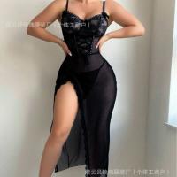 Lace Sheer Mesh Long Nightgown - Sexy Transparent Sleep Dress with Slit & Adjustable Straps for Women thumbnail