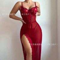 Lace Sheer Mesh Long Nightgown - Sexy Transparent Sleep Dress with Slit & Adjustable Straps for Women thumbnail