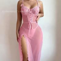 Lace Sheer Mesh Long Nightgown - Sexy Transparent Sleep Dress with Slit & Adjustable Straps for Women thumbnail