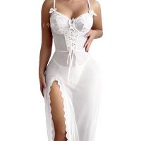 Lace Sheer Mesh Long Nightgown - Sexy Transparent Sleep Dress with Slit & Adjustable Straps for Women thumbnail