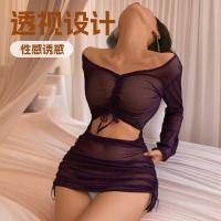 Mannyqing Purple Sheer Long Sleeve Lingerie Dress - Sexy Off-Shoulder Mesh Bodycon Nightwear Set for Women thumbnail