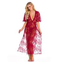 Plus Size Lace Sexy Sleepwear Set - Deep V-Neck High Slit Long Robe Lingerie for Women, Premium Export Quality thumbnail