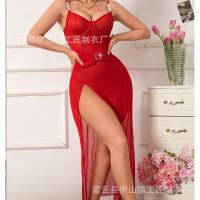 Plus Size Sexy Lace Sleepwear Set - Sheer Mesh High Slit Long Dress with Push-Up Bra & Panty thumbnail