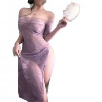 Purple Lace Cheongsam Dress - Sexy Off-Shoulder High-Slit Sheer Long Gown with Butt-Cutout, Pure-Yet-Sensual Outfit thumbnail