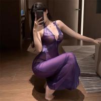 Purple Lace Deep V Sheer Mesh Sleep Dress with Bow-Tie Straps - Sexy Long Nightgown Set for Women thumbnail