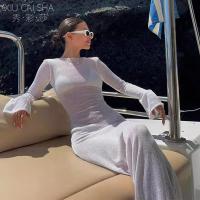 Sexy Backless Beach Dress for Women – Summer Vacation Long Sleeve Sheer Cover-Up Dress with Tropical Style thumbnail