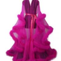 Sexy Feather Sheer Nightgown -European and American Style Long Sleeve Lace Trim Sleep Dress with Flared Sleeves & Train thumbnail