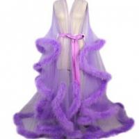 Sexy Feather Sheer Nightgown -European and American Style Long Sleeve Lace Trim Sleep Dress with Flared Sleeves & Train thumbnail