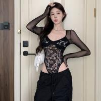 Sexy Lace Bodysuit for Small Bust -European and American-Style Long Sleeve Pure-Temptation Shapewear with Built-in Pads thumbnail