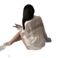 New Sexy Lace Sleep Shirt Set - Pure & Alluring Ice Silk Long Sleeve Women's Pajama Set, Lightweight White Button-Down N thumbnail